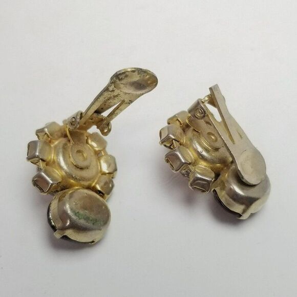 Vintage Cabochon Rhinestone Clip On Earrings, Yellow Brown 50s 60s Style, Estate - Picture 3 of 6